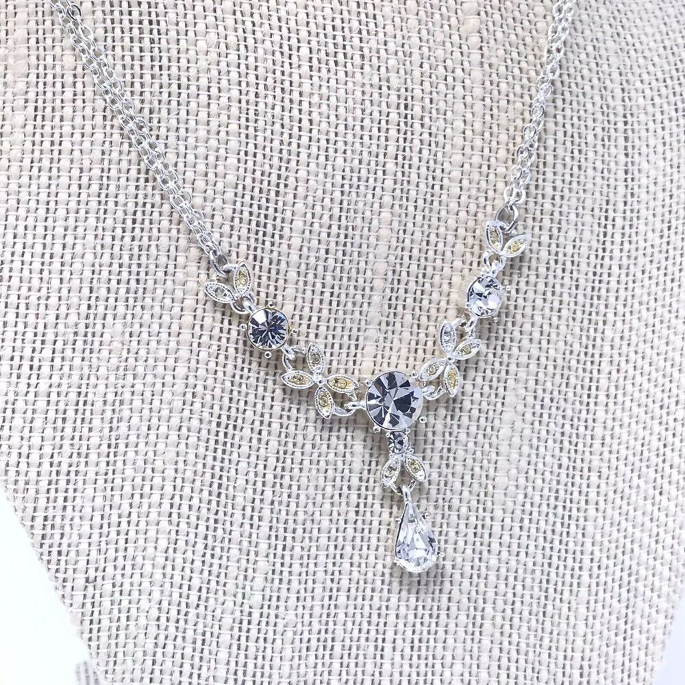 Princess Tear Drop Pendant Necklace Rhinestone Silver-Tone